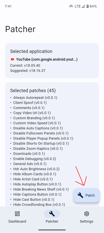 Choosing patches in ReVanced Manager
